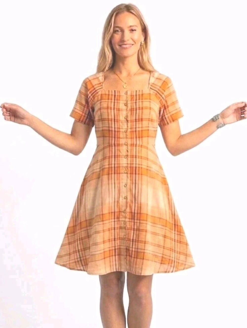 NWT MADEWELL $128 Orange Shimmer Plaid Mini Dress Swingy Retro Size S/P Small